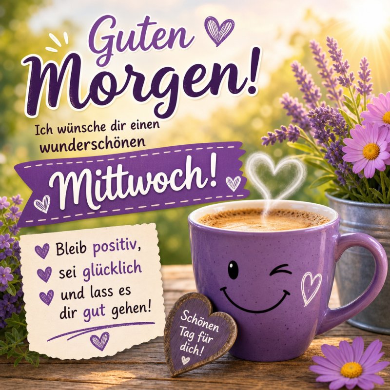 Ein lila Kaffeebecher mit Smiley steht neben einem Blumengesteck und einem Keks auf einem Tisch, begleitet von einem Guten-Morgen-Gruß für Mittwoch.