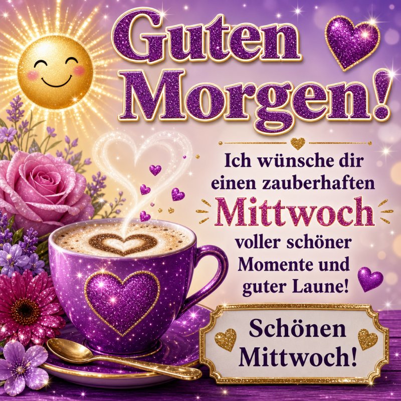 Ein strahlender Sonnen-Guten-Morgen-Gruß mit einer lila Tasse, Herzen und Blumen, wünscht einen zauberhaften Mittwoch voller schöner Momente.