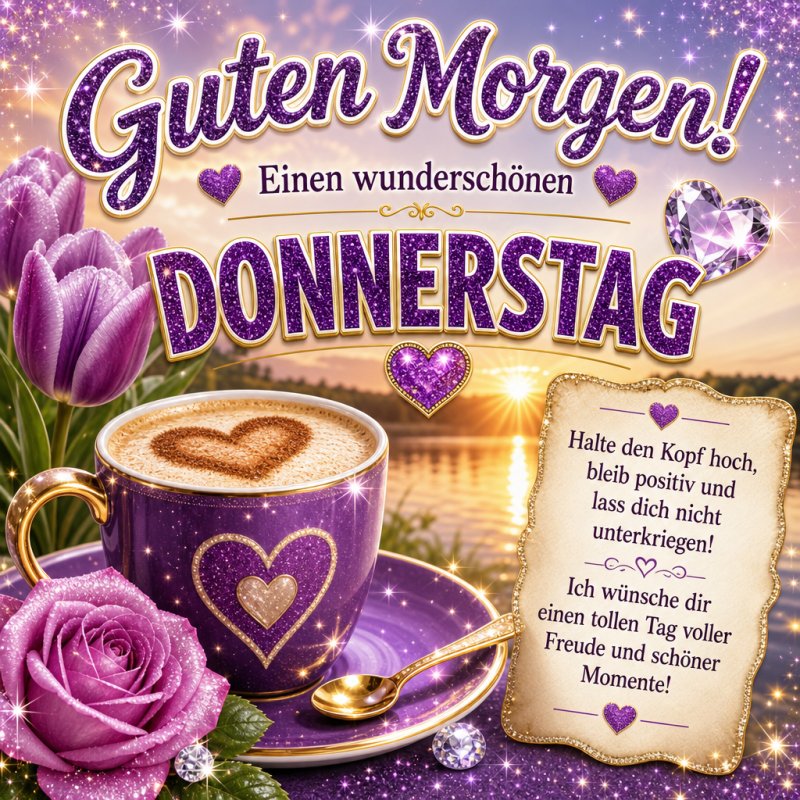 Ein lila Kaffeetasse mit Herz aus Schaum, umgeben von Tulpen und Rosen, steht vor einem See bei Sonnenaufgang als Teil eines Guten Morgen Donnerstag Grußes.