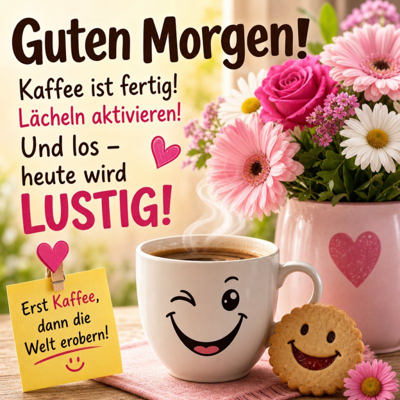 Ein fröhlicher Guten-Morgen-Gruß mit einer lächelnden Kaffeetasse, einem Keks, einem Notizzettel und einem Blumenstrauß in einem Herz-Topf.