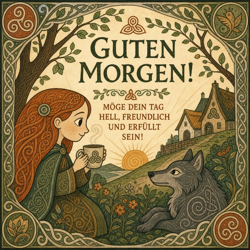 Ein Mädchen mit roten Haaren sitzt unter einem Baum und hält eine Tasse, während ein Wolf daneben sitzt und ein Haus in der Ferne sichtbar ist, mit einem Guten Morgen-Gruß.