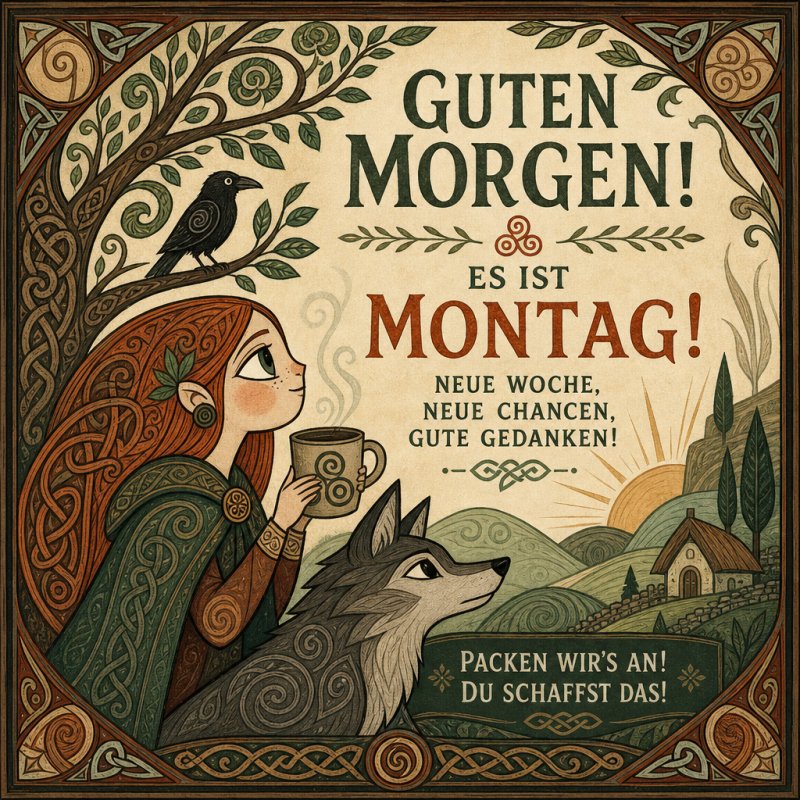 Ein Mädchen mit rotem Haar und ein Wolf blicken hoffnungsvoll auf einem kunstvollen Guten-Morgen-Gruß, während ein Rabe auf einem Baum sitzt und die Sonne aufgeht.