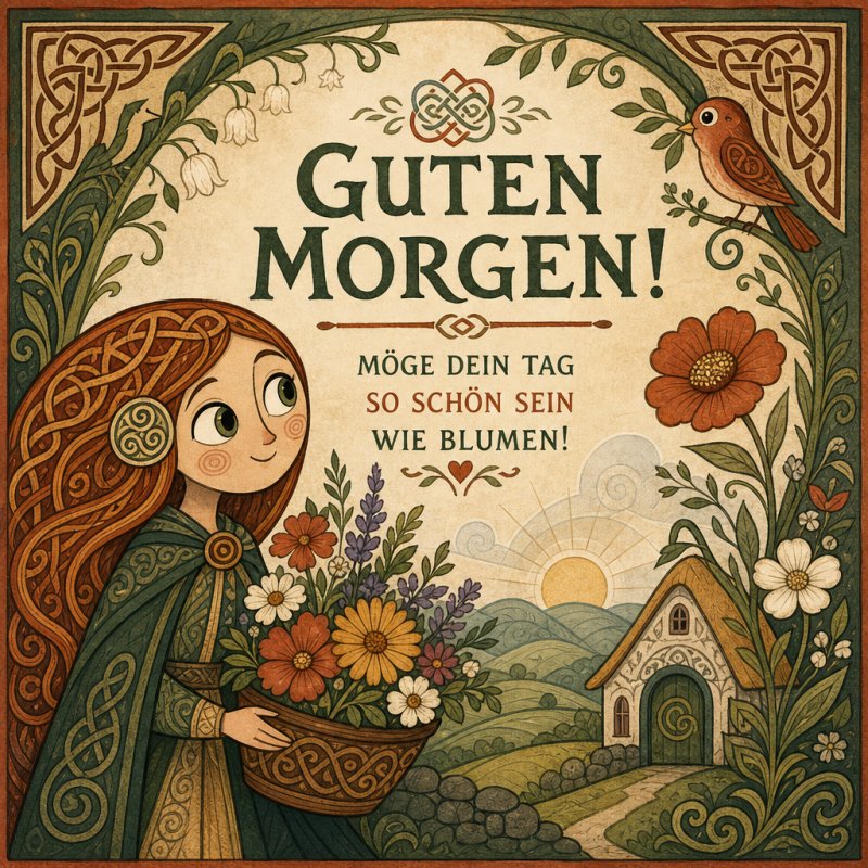 Eine Illustration zeigt ein Mädchen mit Blumen vor einem märchenhaften Häuschen und einer aufgehenden Sonne als Guten-Morgen-Gruß.