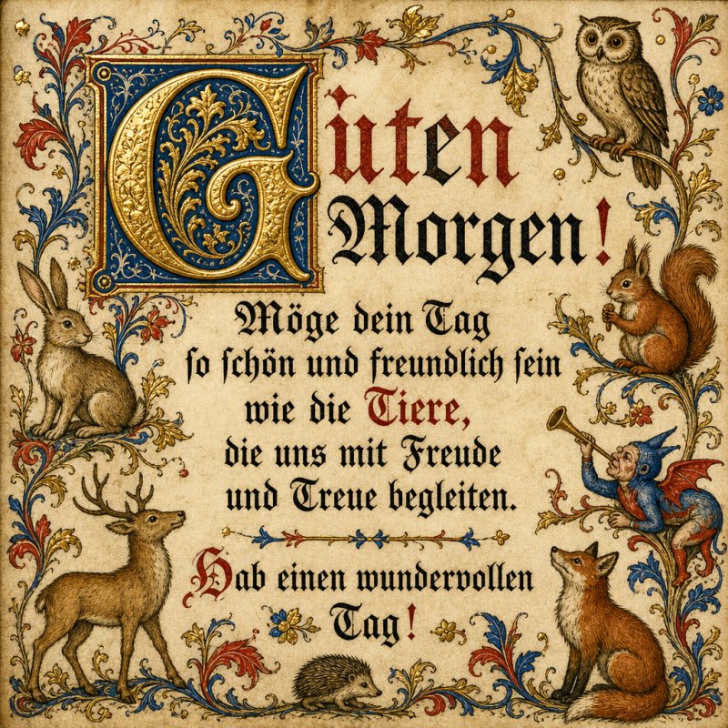 Ein kunstvoll verzierter Guten-Morgen-Gruß mit Tieren wie Hase, Eule und Hirsch in einem mittelalterlichen Stil, umgeben von floralen Mustern.