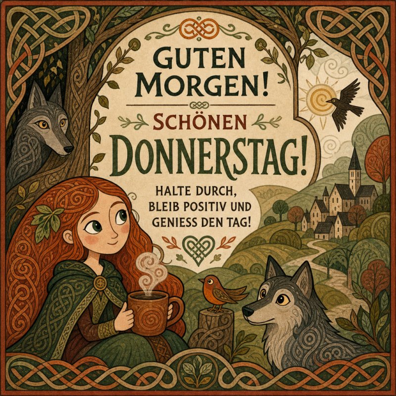 Eine illustrierte Szene mit einem Mädchen, einem Wolf und einem Vogel in einem dekorativen Waldmotiv, begleitet von einem Guten-Morgen-Gruß für Donnerstag.