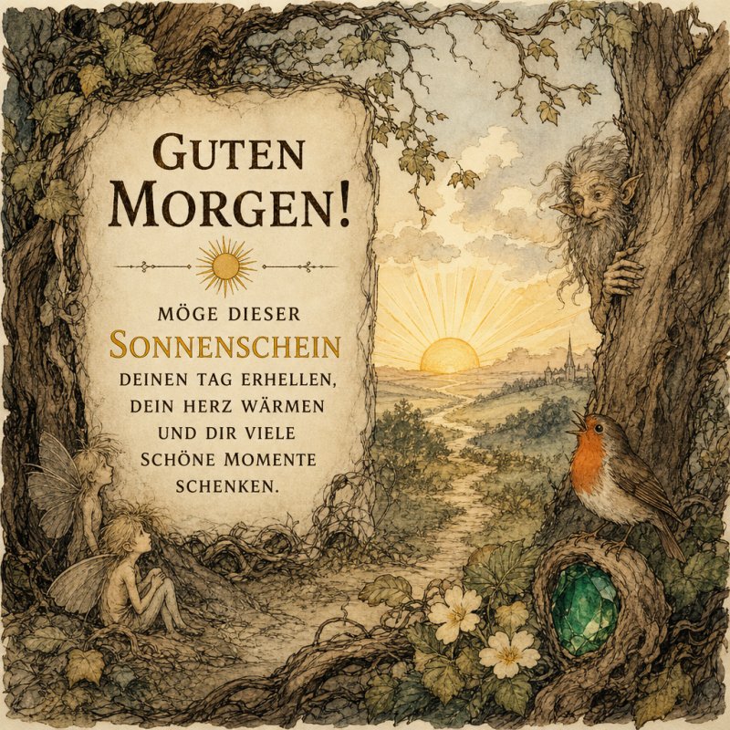 Eine zauberhafte Guten-Morgen-Gruß-Karte zeigt einen Sonnenaufgang über einer Landschaft, mit einem Waldgeist, einer Fee und einem Rotkehlchen im Vordergrund.