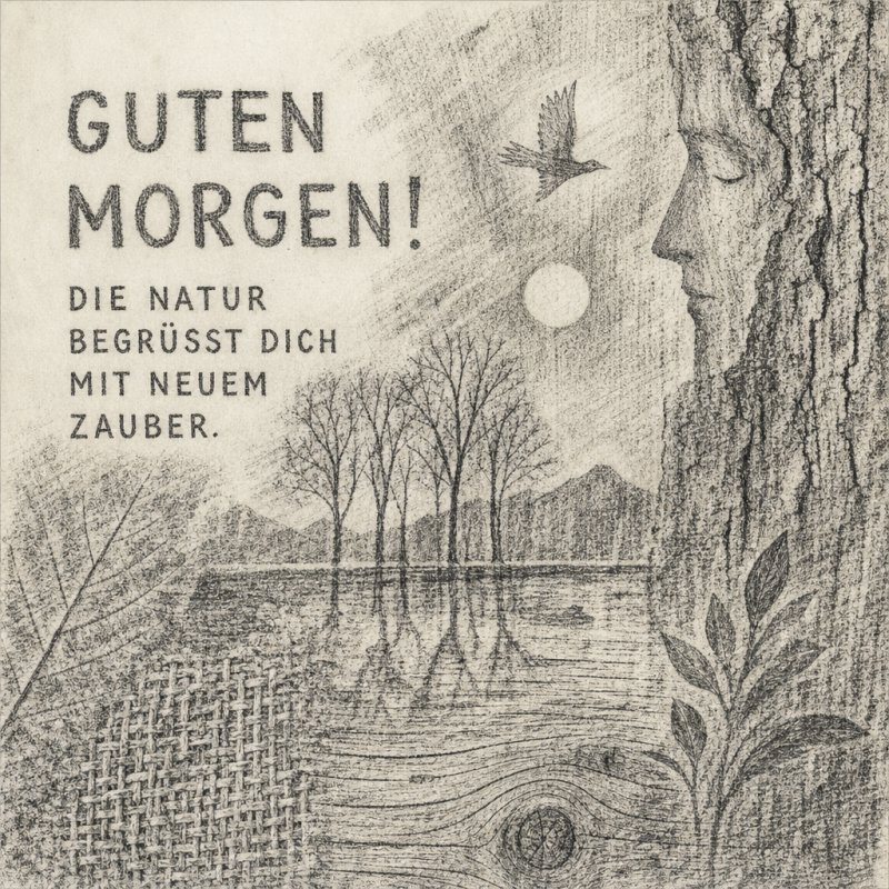 Ein Gesicht in Baumrinde vor einer Landschaft mit Bäumen, Mond und Vogel illustriert einen Guten-Morgen-Gruß voller mystischer Naturdetails.