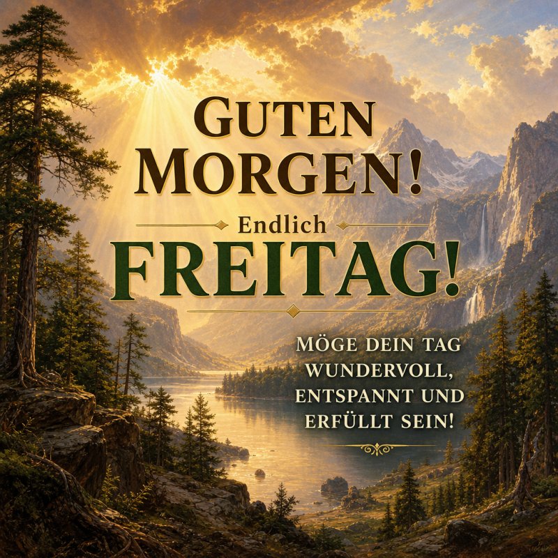 Ein Guten-Morgen-Gruß mit einer atemberaubenden Berglandschaft, aufgehender Sonne und ruhigem See, der eine entspannte Freitagsstimmung vermittelt.
