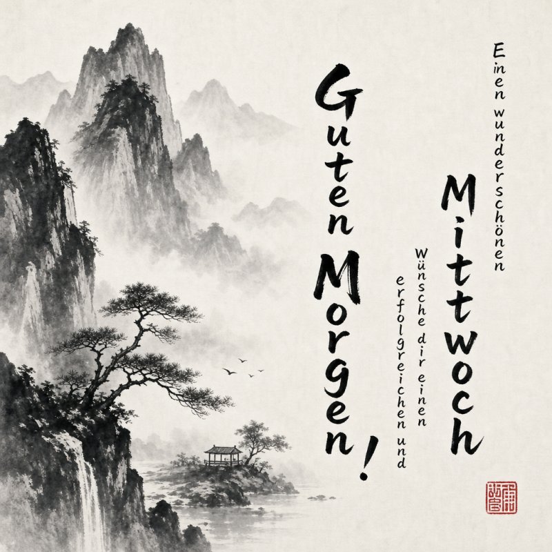 Ein Guten-Morgen-Gruß zeigt eine asiatische Tuschezeichnung mit Bergen, Nebel und einem Baum am Hang, während der Grußtext vertikal platziert ist.