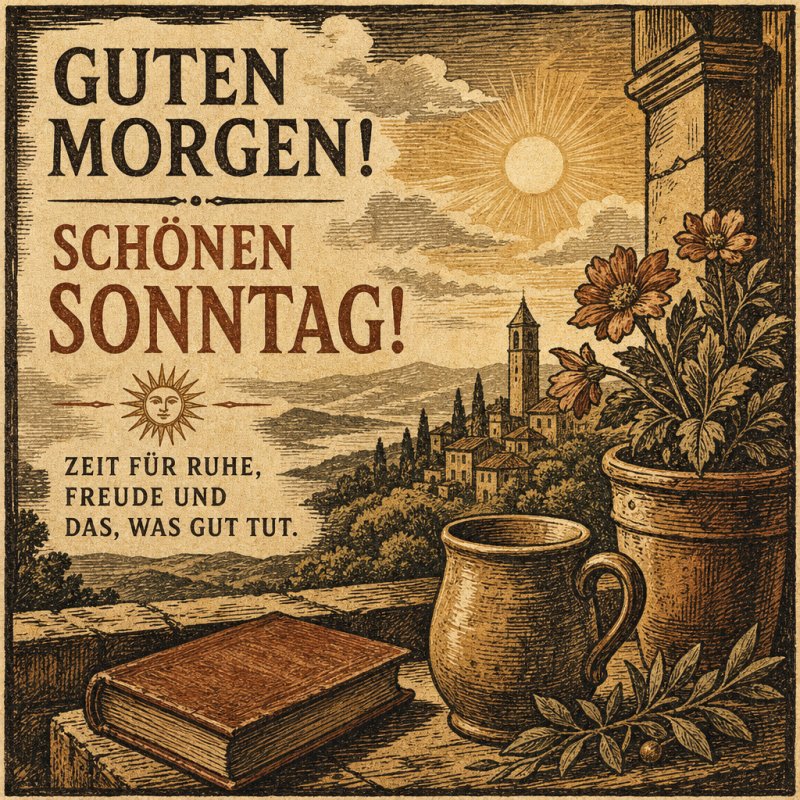 Eine nostalgische Illustration zeigt eine Tasse, ein Buch und Blumen auf einem Balkon, mit sonniger Landschaft und Kirchturm im Hintergrund und einem Guten-Morgen-Gruß.