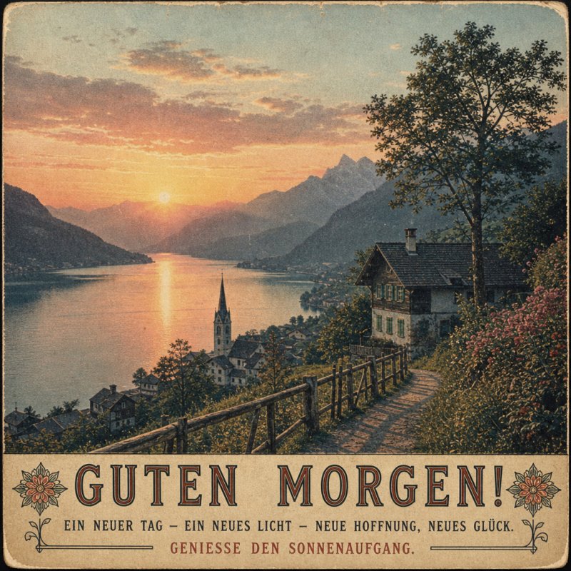 Ein malerischer Sonnenaufgang spiegelt sich im See mit Bergen, einem Dorf und einer Kirche im Guten-Morgen-Gruß wider.