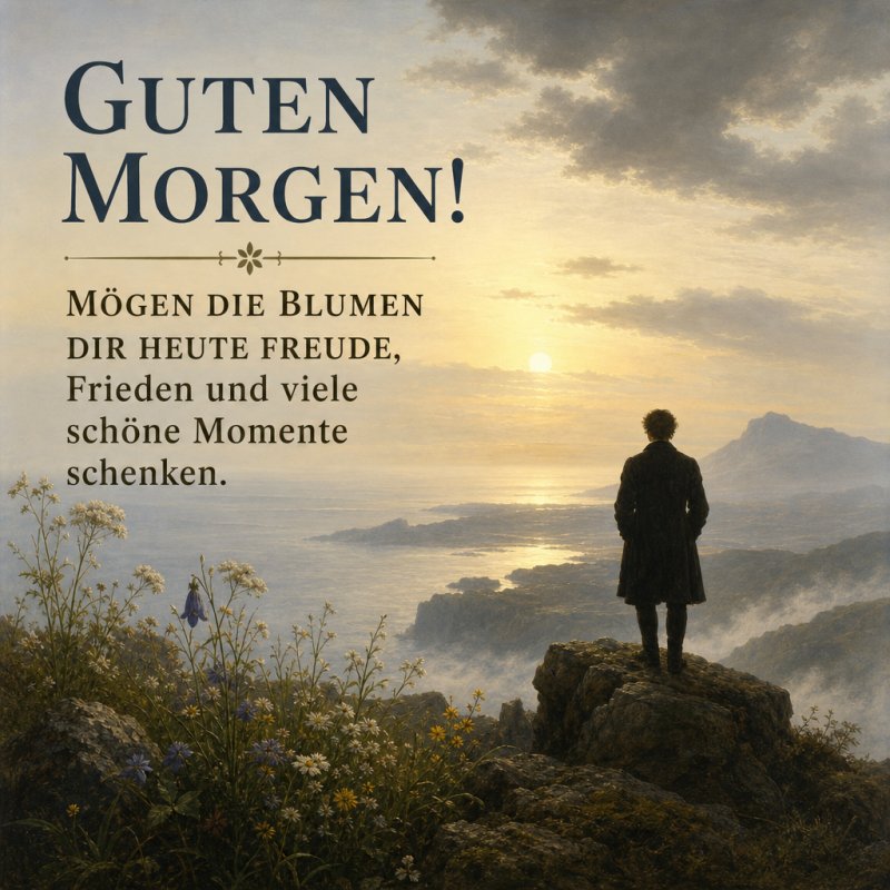 Ein Mann steht auf einem Felsen und blickt über eine nebelige Landschaft mit Blumen im Vordergrund, während die Sonne aufgeht und er einen Guten-Morgen-Gruß empfängt.