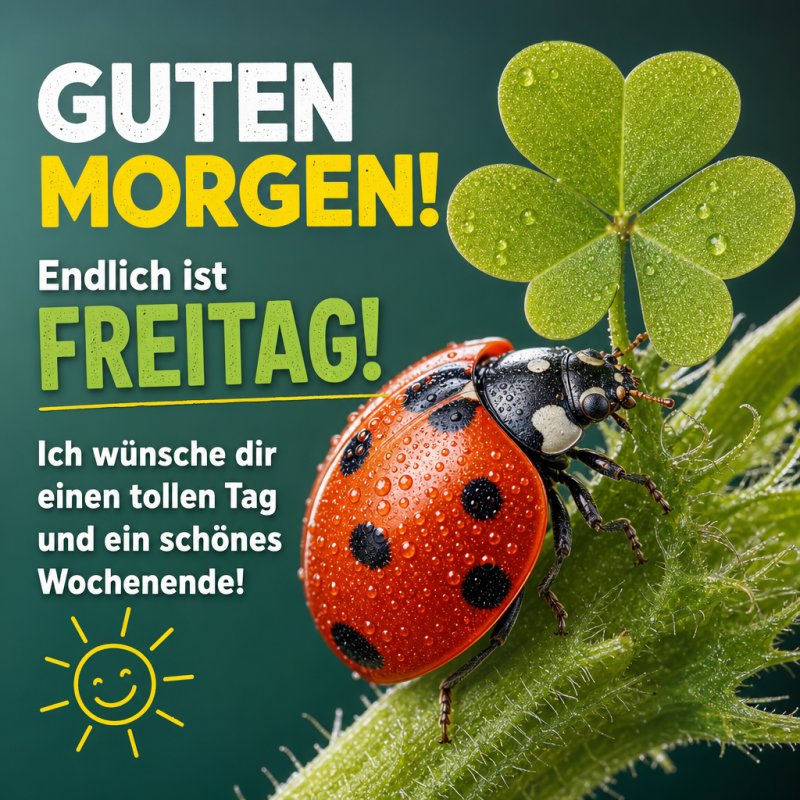 Ein Marienkäfer sitzt auf einem grünen Blatt neben einem Glücksklee, begleitet von einem fröhlichen Guten-Morgen-Gruß für Freitag.