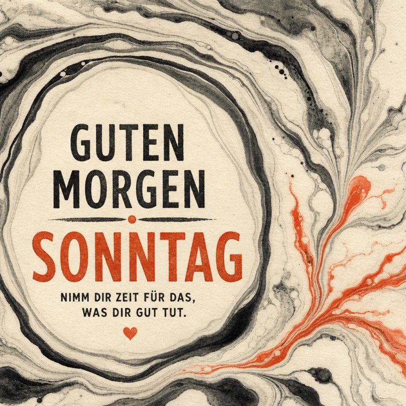 Ein stilvoller Marmoreffekt in Schwarz und Orange ziert diese Guten-Morgen-Grußkarte mit der Botschaft 'Guten Morgen Sonntag' und einem kleinen Herzmotiv.