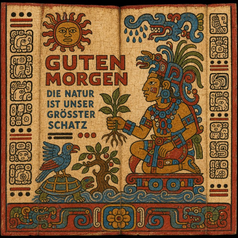 Ein stilisierter Maya-Krieger hält Pflanzen unter einer Sonne mit Gesicht, begleitet von Symboldekorationen und der Aufschrift 'Guten Morgen' als Guten-Morgen-Gruß.