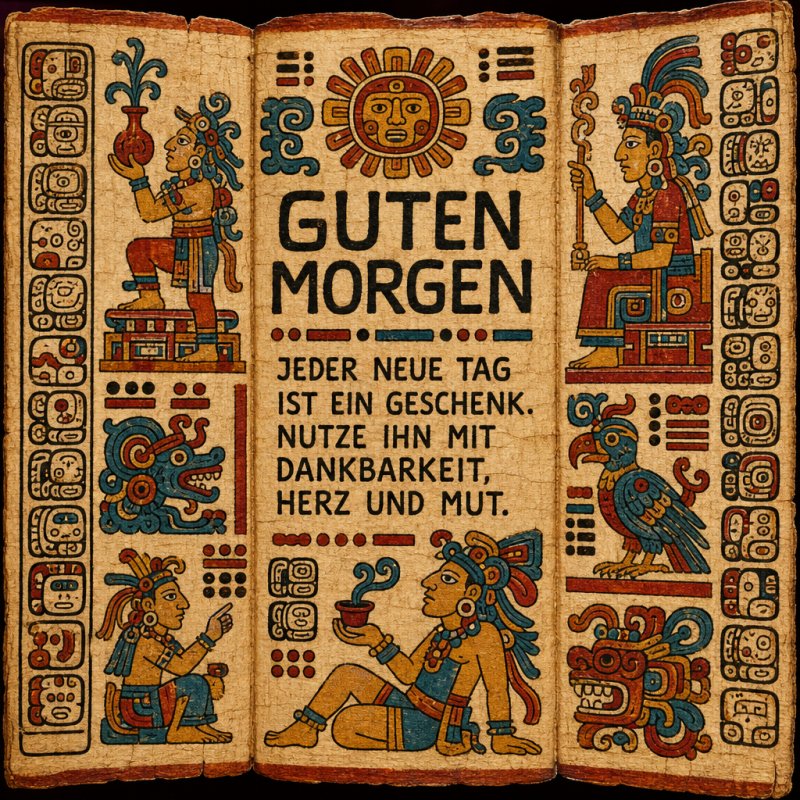 Ein Maya-inspiriertes Kunstwerk mit Sonnensymbol und Figuren ziert diesen Guten-Morgen-Gruß mit einem motivierenden Spruch auf antikem Papyrus.