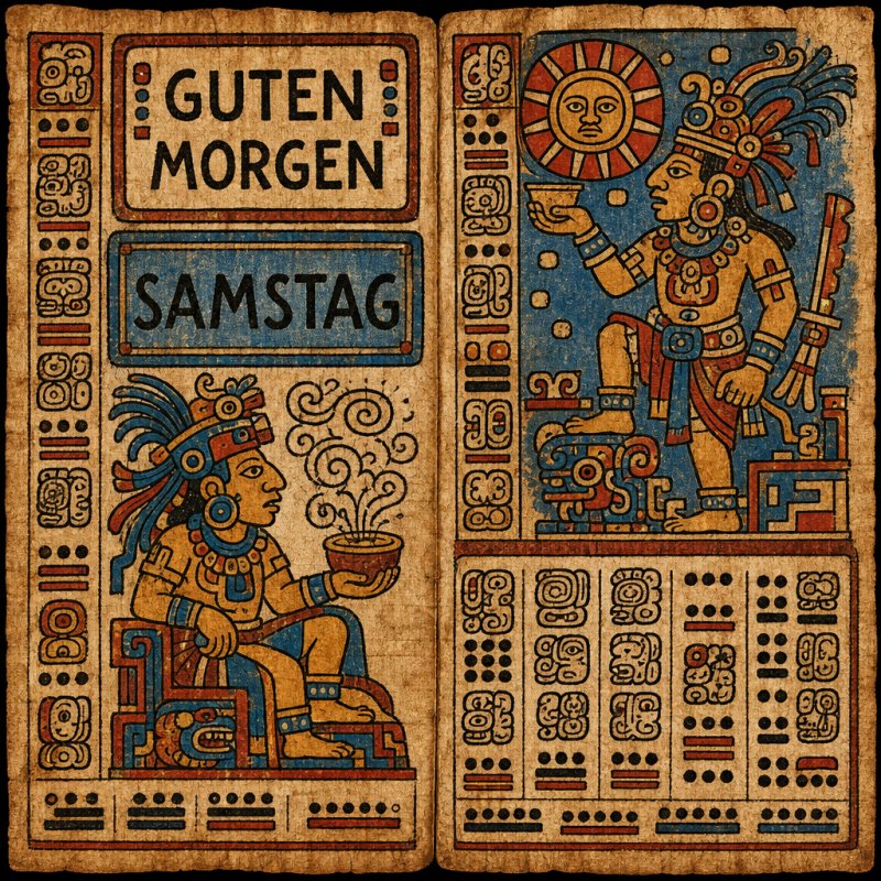 Ein reich verziertes Maya-Kunstwerk zeigt zwei Figuren in traditioneller Kleidung und ein Sonnensymbol, passend für einen Guten-Morgen-Gruß am Samstag.