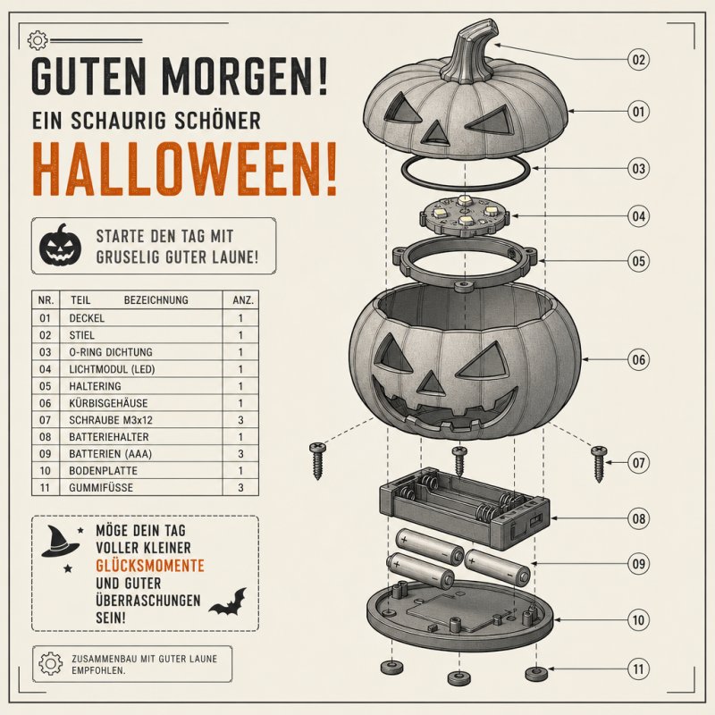Ein schematischer Aufbau eines mechanischen Halloween-Kürbisses zeigt eine originelle Guten-Morgen-Gruß Idee mit gruseligem Flair.