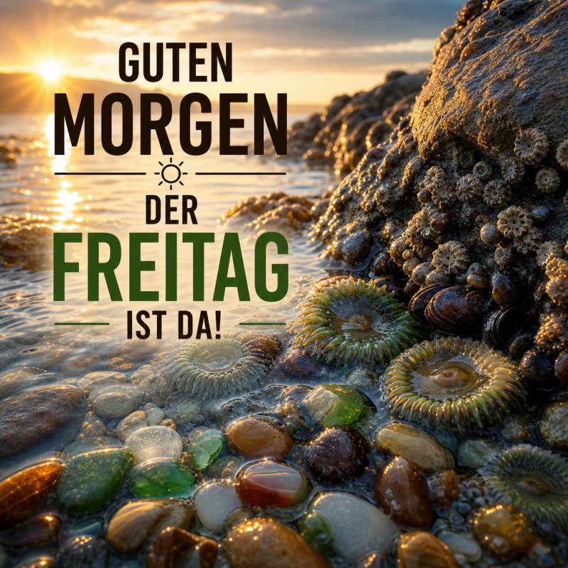 Ein Guten-Morgen-Gruß zeigt eine felsige Meeresküste mit Anemonen und bunten Steinen im Vordergrund, während im Hintergrund die Sonne über dem Meer aufgeht.