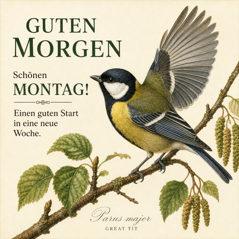 Ein detailreich illustrierter großen Meise sitzt auf einem blühenden Ast, begleitet von freundlichem Text mit einem Guten-Morgen-Gruß zum Montag.