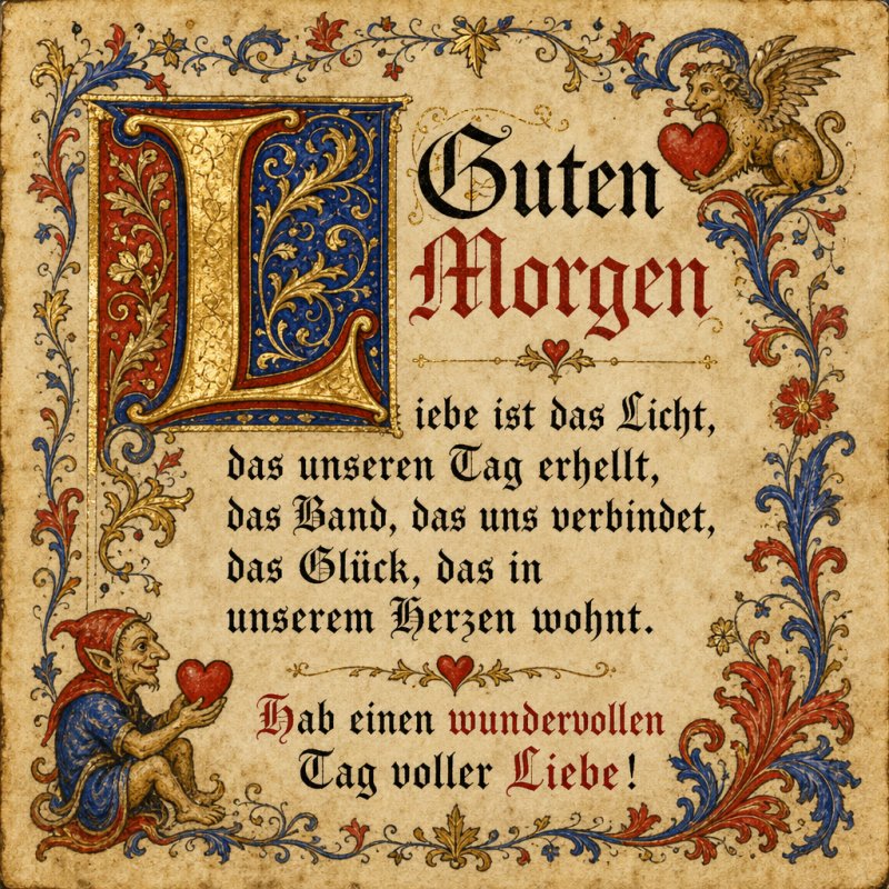Ein mittelalterlicher Guten-Morgen-Gruß mit kunstvollen Verzierungen, Engeln und einem Zwerg, der ein Herz hält, auf altem Pergament.