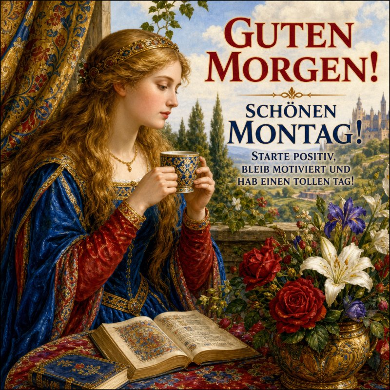 Eine junge Frau in mittelalterlicher Kleidung genießt ihren Morgenkaffee auf einem Balkon, umgeben von Blumen, passend zu einem Guten-Morgen-Gruß für Montag.