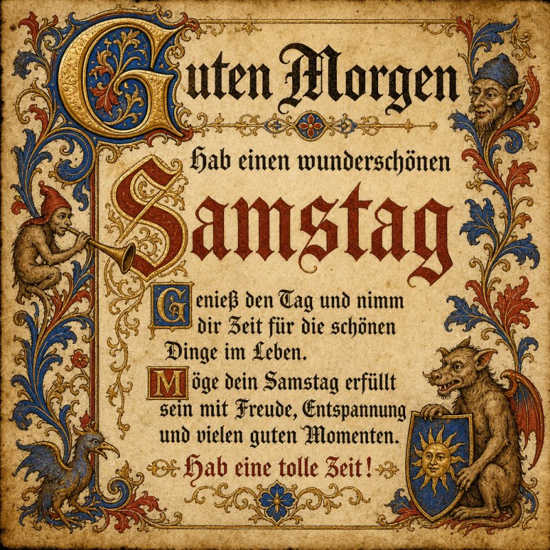 Eine mittelalterlich inspirierte Guten-Morgen-Karte mit verzierten Buchstaben und Fabelwesen, begleitet von einem Gruß für einen schönen Samstag.