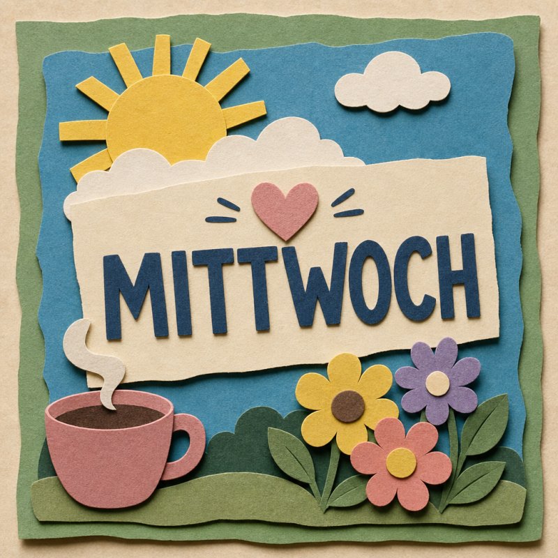 Ein farbenfroher Papier-Collage-Stil mit Sonne, Wolken, Blumen und einer Tasse Kaffee begleitet den textuellen Mittwoch-Gruß als Guten-Morgen-Gruß.