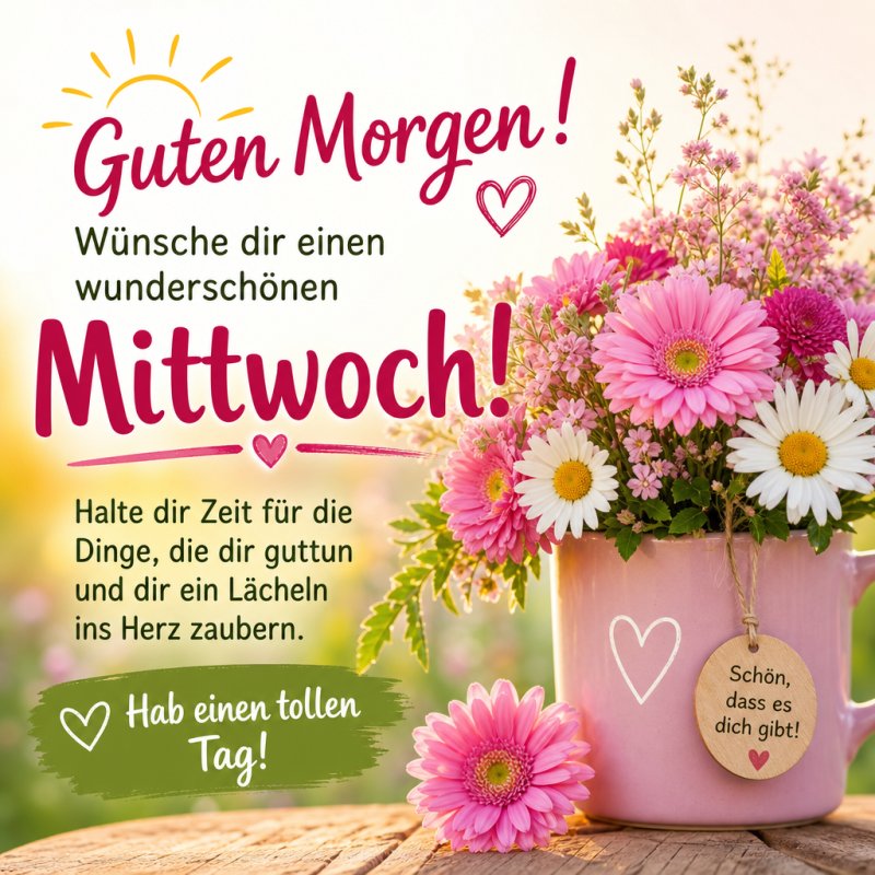 Ein rosafarbener Blumentopf mit bunten Blumen steht auf einem Holztisch, begleitet von einem Guten-Morgen-Gruß und herzlichen Mitteilungen für den Mittwoch.