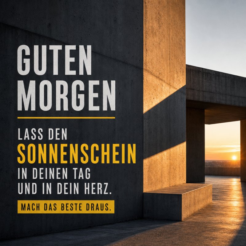 Eine moderne Architektur in warmem Sonnenlicht bietet einen inspirierenden Hintergrund für den Guten-Morgen-Gruß mit positiver Botschaft.