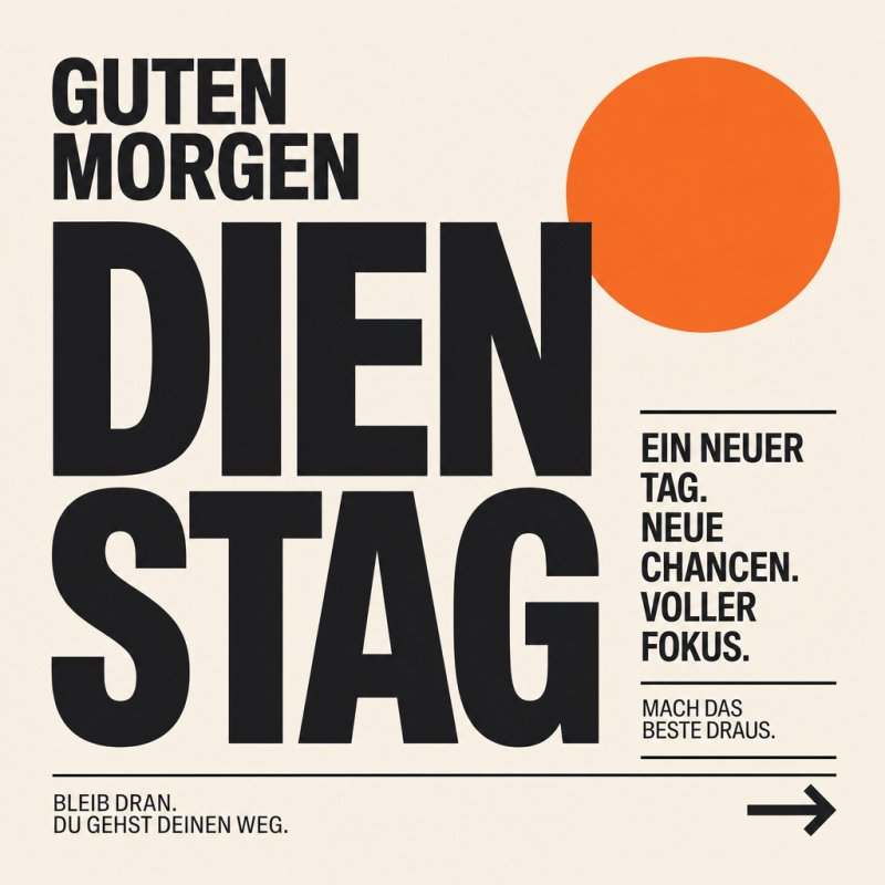 Ein stilisierter Guten-Morgen-Gruß mit einem großen, orangen Kreis auf beigem Hintergrund und starken schwarzen Schriftzügen für einen energischen Dienstag.