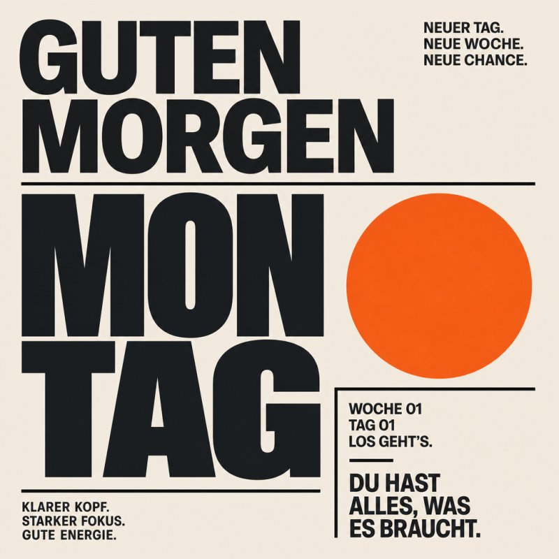 Ein minimalistisches Design mit großem Text und einem roten Kreis bietet einen motivierenden Montag Guten-Morgen-Gruß.