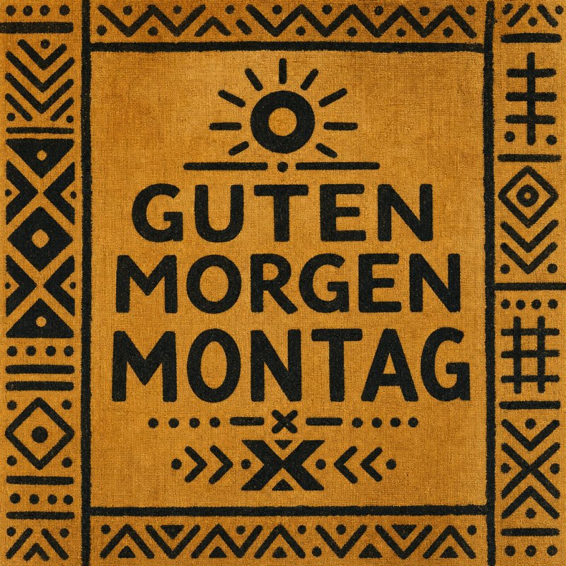 Dieser Guten-Morgen-Gruß zeigt einen dekorativen Text auf braunem Hintergrund mit schwarzen, ethnisch inspirierten Mustern, die positive Energie für Montag vermitteln.