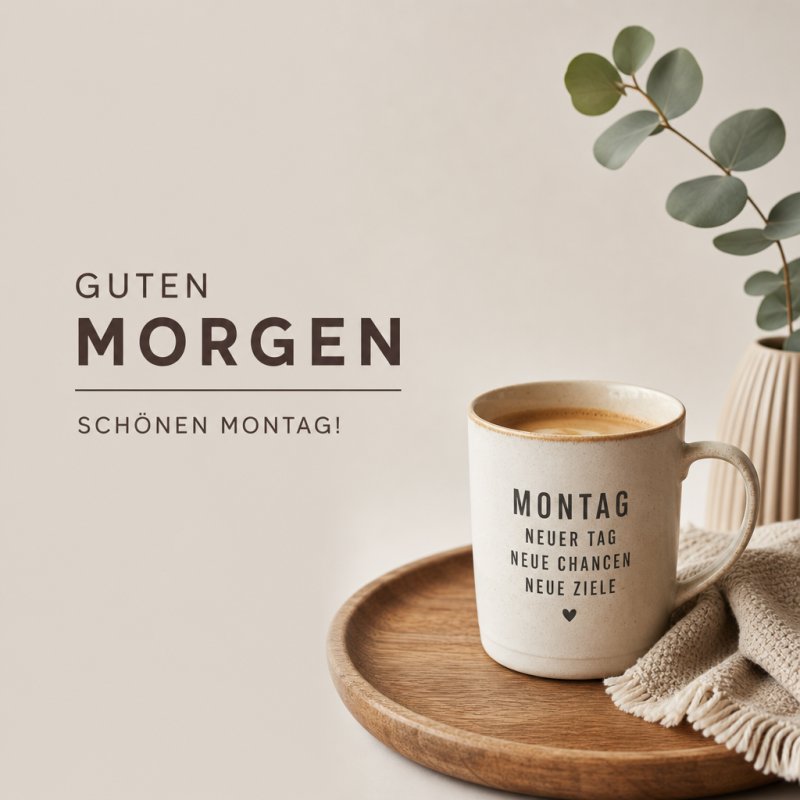 Ein Kaffee auf einem Holztablett mit Eukalyptus in einer Vase vermittelt einen ruhigen Start in den Montag, begleitet von einem Guten-Morgen-Gruß.