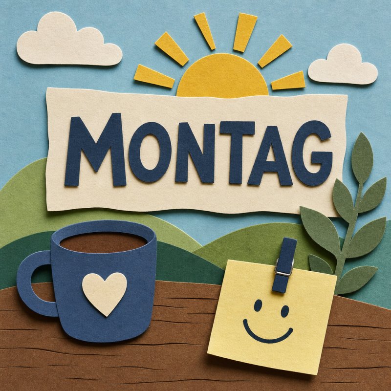 Ein fröhlicher Guten-Morgen-Gruß mit einer Sonne über dem Wort 'Montag', einer Tasse mit Herzmotiv und einem lächelnden Notizzettel in Papierstil.