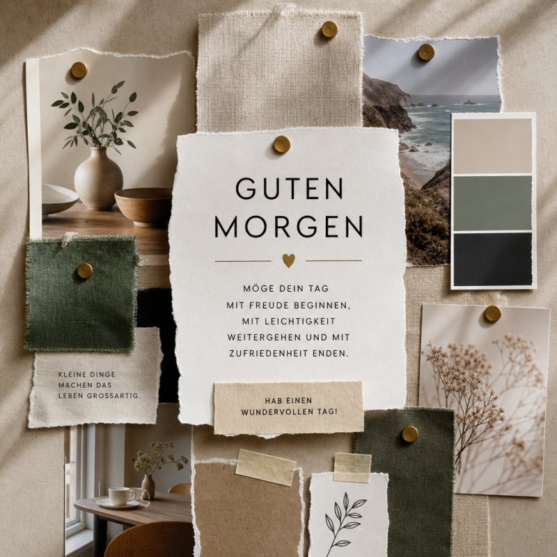 Ein Guten-Morgen-Gruß auf einer stilvollen Collage mit Naturmotiven, Stoffmustern und Fotos von Landschaften und Pflanzen auf einer Pinnwand.