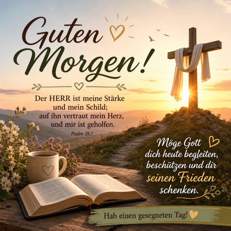 Ein Kreuz mit Sonnenaufgang, eine Bibel und eine Tasse Kaffee auf einem Tisch schaffen eine friedliche Stimmung für einen Guten-Morgen-Gruß.