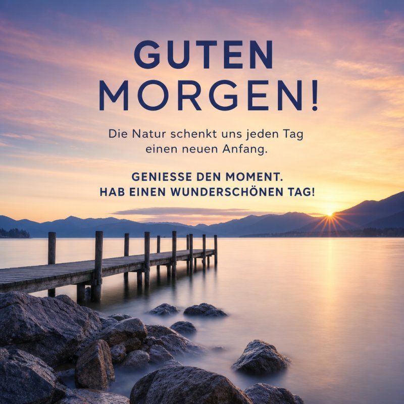 Ein hölzerner Steg führt über ruhiges Wasser zu einem See im Morgenlicht, während die Sonne über den Bergen aufgeht und einen Guten-Morgen-Gruß ausstrahlt.