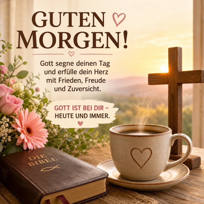 Ein Guten-Morgen-Gruß zeigt eine Bibel, eine Tasse Kaffee mit Herz, Blumen und ein Kreuz auf einem Tisch vor einem sonnigen Fensterblick.