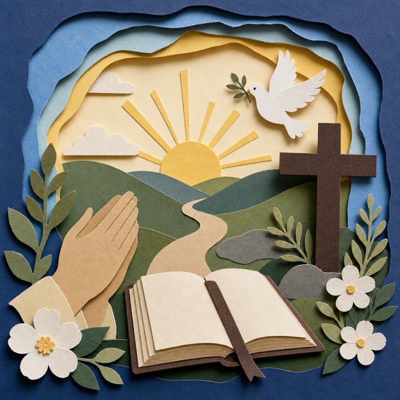 Eine friedliche Szene mit einer Taube, einer Bibel, betenden Händen und einem Kreuz vor einem Sonnenaufgang, symbolisch für einen religiösen Guten-Morgen-Gruß.