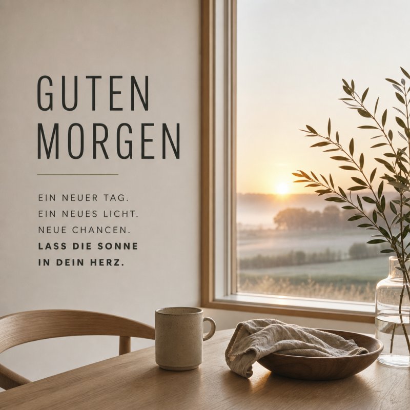 Ein gemütlicher Raum mit Holztisch und Pflanzen zeigt durch ein Fenster einen sonnigen Morgen, ideal für einen Guten-Morgen-Gruß.