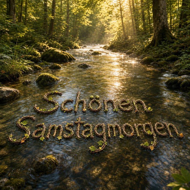 Ein fotorealistisches 3D-Rendering zeigt einen stillen Waldbach mit Sonnenlicht, das durch Bäume schimmert. 'Guten Morgen' als natürlicher Gruß aus Zweigen und Blättern auf dem Wasser.
