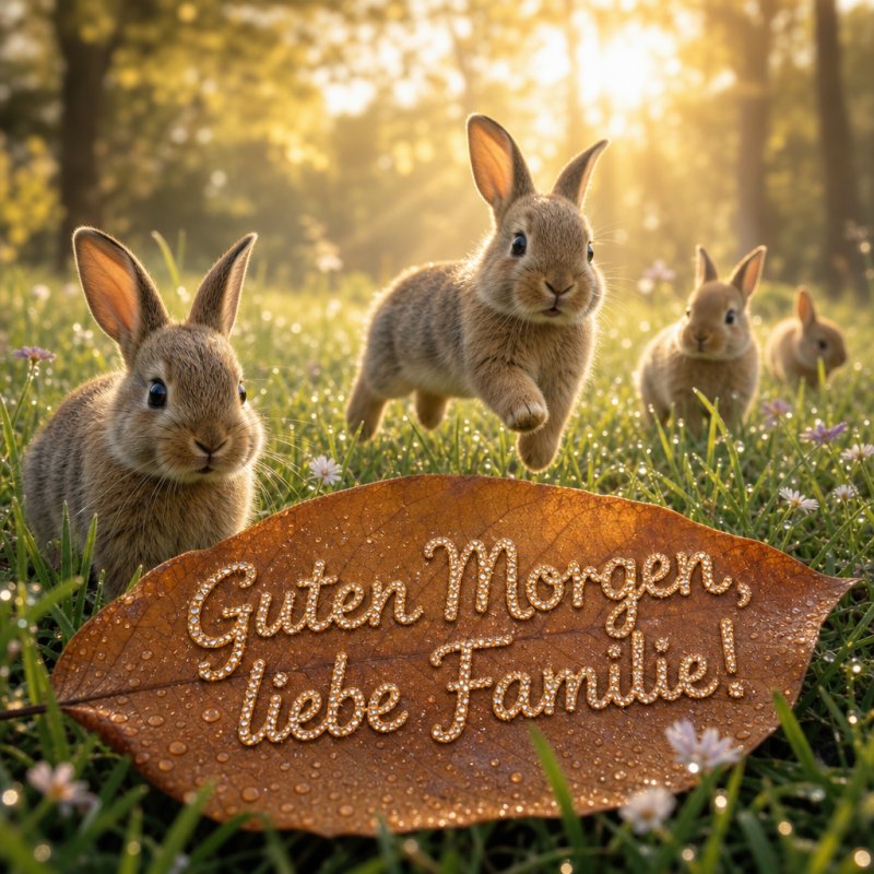 Ein Guten-Morgen-Gruß in einem sanften Foto: goldene Morgensonne beleuchtet spielerische Kaninchen in einer taufrischen Wiese mit einem Blatt als Grußfläche.