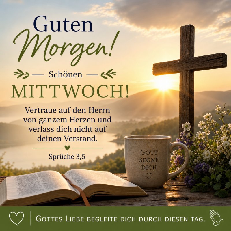Ein Guten Morgen Gruß mit einer Tasse Kaffee, auf der 'Gott segne dich' steht, einem offenen Buch und einem Kreuz am Morgen mit aufgehender Sonne.