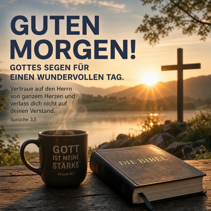 Ein „Guten Morgen“-Gruß mit Sonnenaufgang über einem See, begleitet von einer Bibel und einer Tasse Kaffee auf einem Tisch im Vordergrund.
