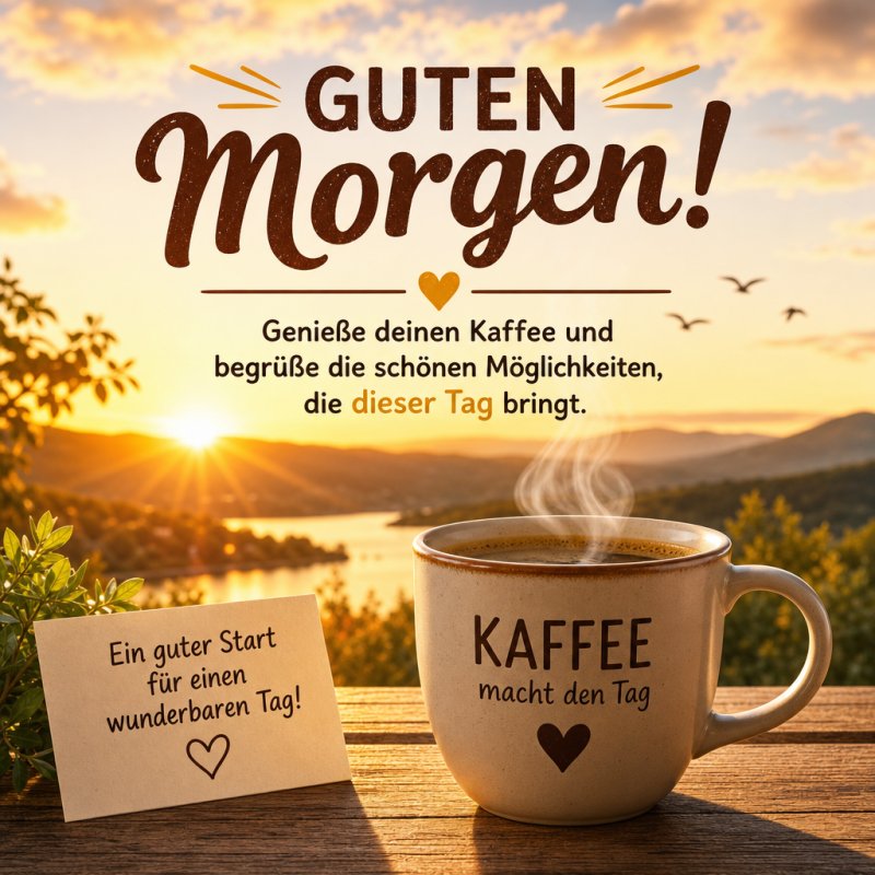 Eine Tasse Kaffee mit der Aufschrift 'Kaffee macht den Tag' steht vor einem Sonnenaufgang über einem See, begleitet von einem 'Guten Morgen'-Gruß auf einer Karte.