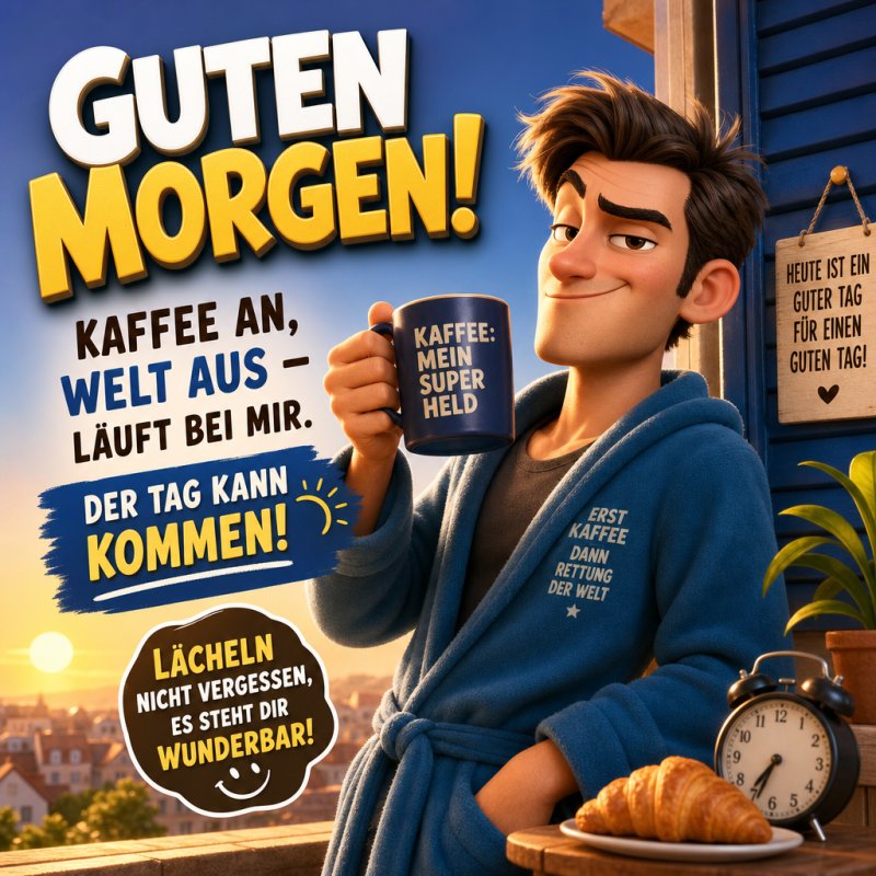 Ein Mann im Morgenmantel genießt seinen Kaffee auf einem Balkon mit Stadtblick, passend zum motivierenden Guten-Morgen-Gruß des Tages.