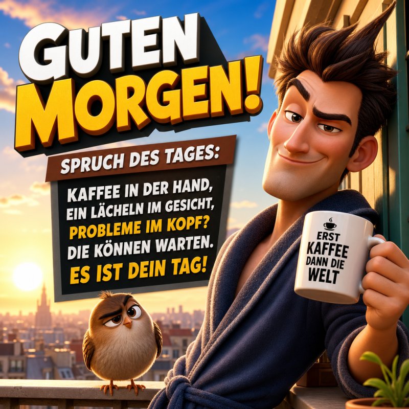 Ein entspannter Mann im Morgenmantel genießt Kaffee mit einer Tasse neben einem Vogel, während die Stadt im Hintergrund für einen Guten-Morgen-Gruß erwacht.