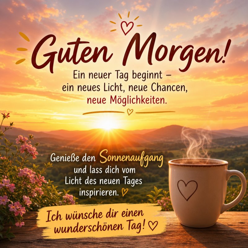 Ein dampfender Kaffee im Vordergrund vor einem atemberaubenden Sonnenaufgang über einer grünen Landschaft ist Teil eines Guten-Morgen-Grußes.