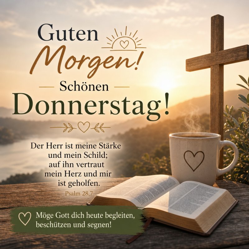 Ein Guten-Morgen-Gruß zeigt eine dampfende Kaffeetasse, eine geöffnete Bibel und ein Holzkreuz in warmem Sonnenlicht mit einem inspirierenden Zitat.